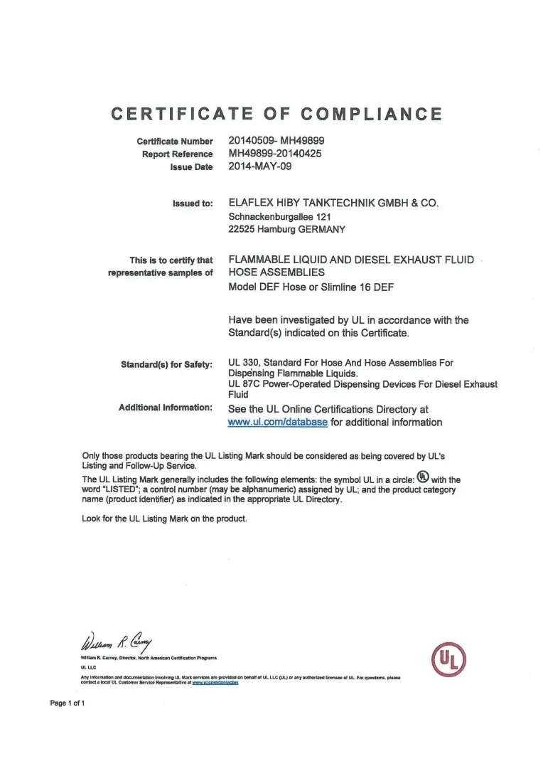 Сертификат UL для шлангов AdBlue (DEF), Slimline 16 DEF